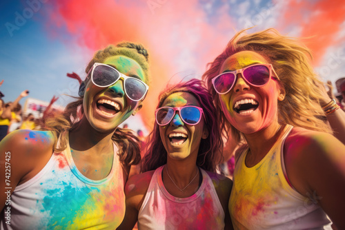 Group of happy color painted girls in color run event, cheerful expressions
