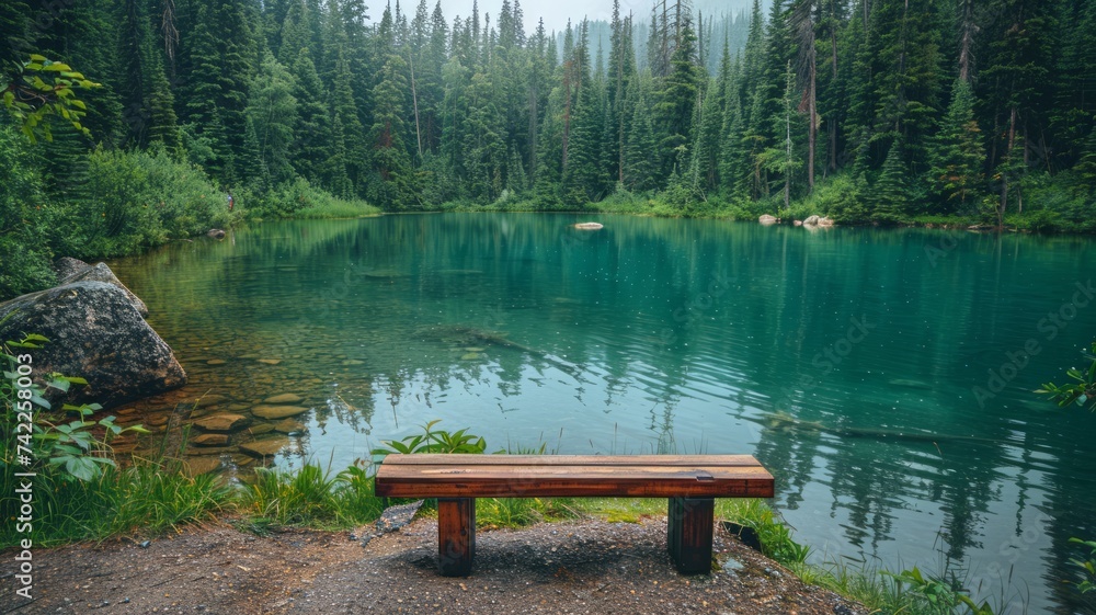 Peaceful mountain lake with a wooden bench on the shore surrounded by lush forest