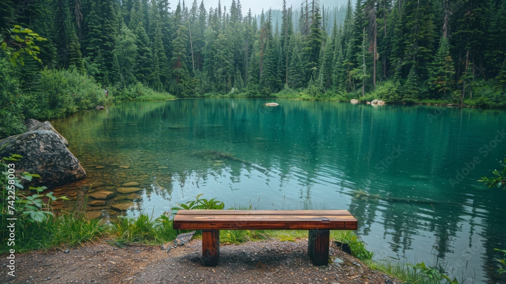 Peaceful mountain lake with a wooden bench on the shore surrounded by lush forest Peaceful mountain lake with a wooden bench on the shore surrounded by lush forest
