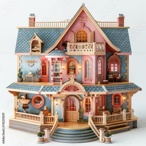 Whimsical Wooden Dollhouse, on isolated white background, Generative AI © Box Milk