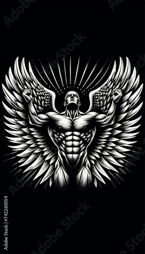 Ascension of the Celestial Guardian: An Angelic Figure in Dotwork