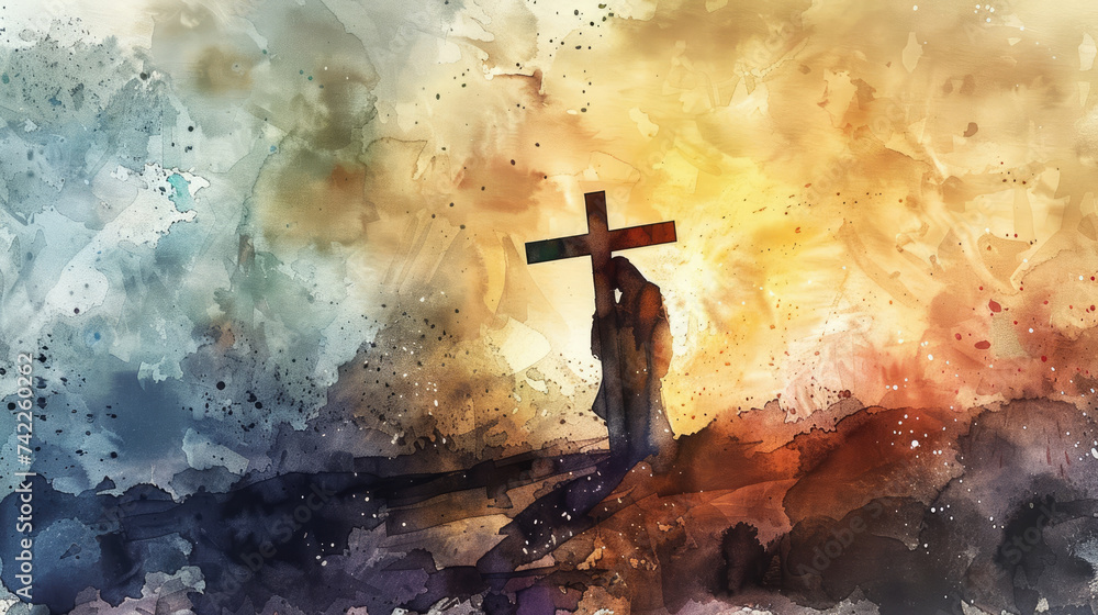Jesus takes up his Cross, watercolor painting illustration - obrazy, fototapety, plakaty 