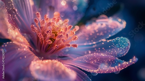 Jasmine's ferrofluid petals emit a radiant glow, infused with luminescent stardust, creating a cosmic spectacle in macro.