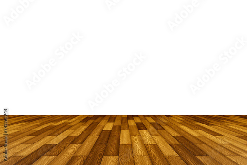 Aged oak color wood perspective new floor texture surface isolated on transparent background with empty wall png 3d rendering image