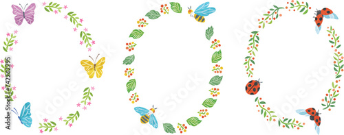 春　植物　昆虫　イラスト丸フレームセット　縦長