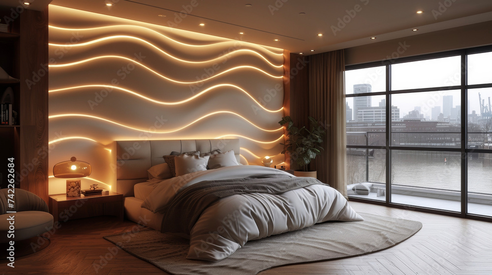 This bedroom design utilizes LED rope lights to create a stunning and romantic statement wall adding an unexpected touch of glamour to the space.