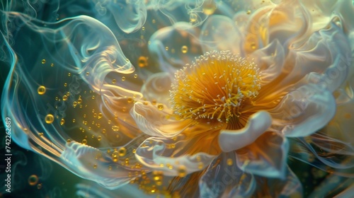 Nebula Elegance: Ferrofluid jasmine petals, seen in macro, swirl with cosmic particles, exuding an elegant nebulaic beauty. photo