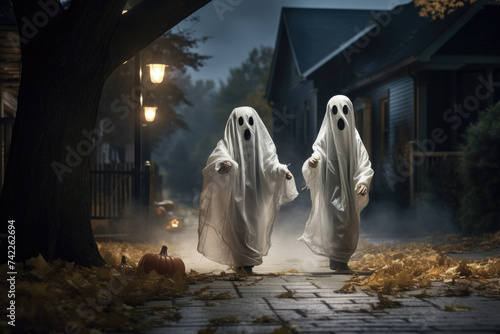 Kids wearing ghost costume in Halloween in a suburban street