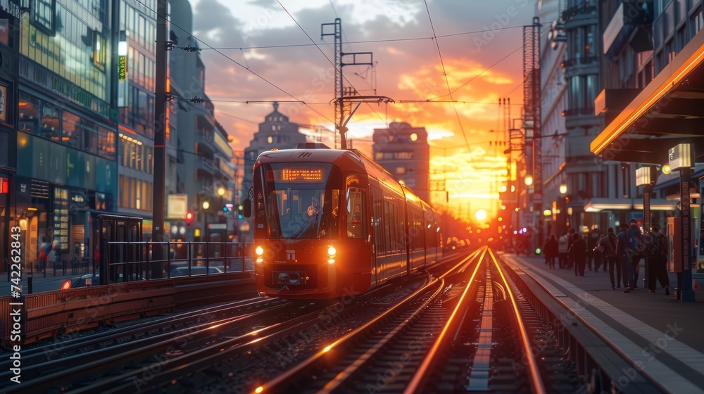 High-speed train in slow motion on the railway through a densely populated urban area during city sunset
