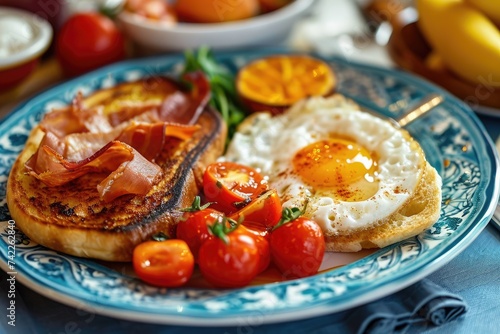 A blue and white plate is showcased with a delicious arrangement of eggs and tomatoes, An English breakfast in the style of Van Gogh, AI Generated
