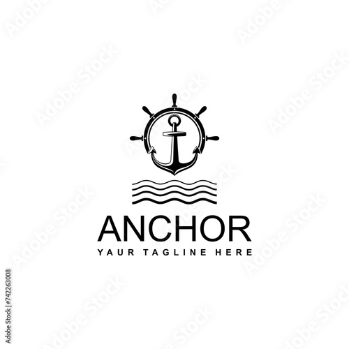 Nautical anchor wave logo design template with ship steering wheel