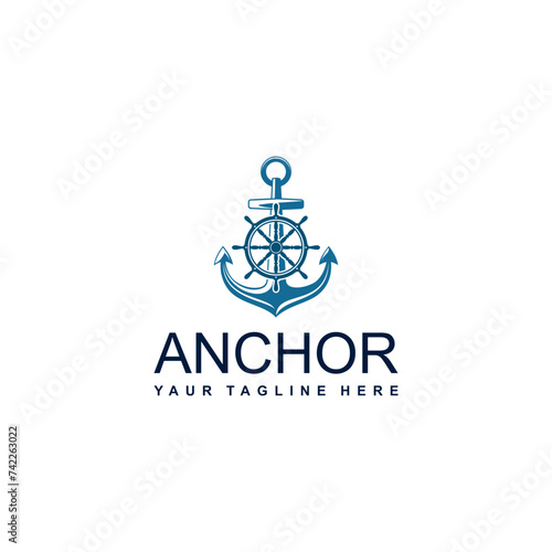 Nautical anchor wave logo design template with ship steering wheel