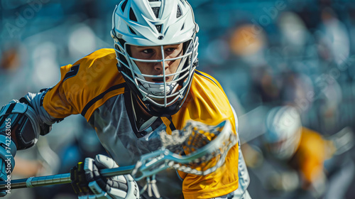 Lacrosse player in action, speed and precision in the game, competitive edge photo