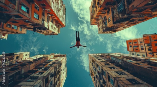 Parkour athlete jumping between buildings. Sports man doing parkour against blue sky. Parkour athlete training in city in sportive clothes. Free runner jumping photo