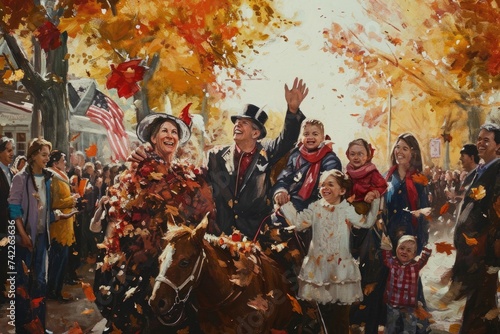 A Painting of a Group of People Riding a Horse, An expressive portrayal of a family watching the Thanksgiving Day parade together, AI Generated