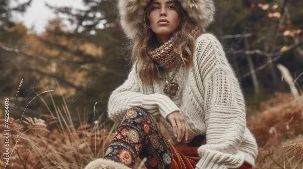 A cozy and comfortable look featuring a chunky knit sweater printed leggings and kneehigh boots finished off with a statement pendant necklace and furtrimmed hat perfect for
