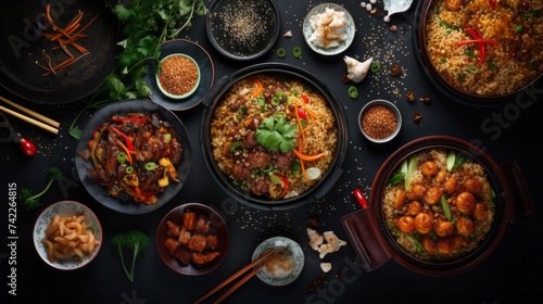 Top view of a set of Chinese dishes with soy sauce on a table on a black background with copy space. Chinese Cuisine, Delicious Food of a restaurant, cafe, Hotel.