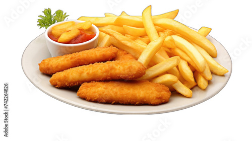 macro fried Fish Fingers Sticks and French Fries on white plat png