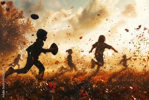 Group of Children Running Through a Field, An imaginative visualization of kids playing a game of football after thanksgiving dinner, AI Generated photo