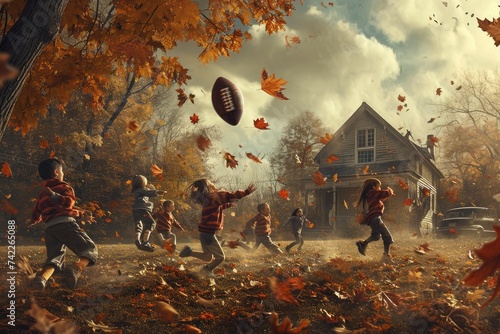 A lively group of children joyfully dash through a field covered in vibrant autumn leaves, An imaginative visualization of kids playing a game of football after thanksgiving dinner, AI Generated photo