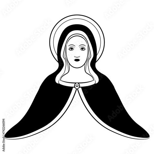 Virgin Mary. Christian icon. Saint lady with nimbus. Black and white silhouette.