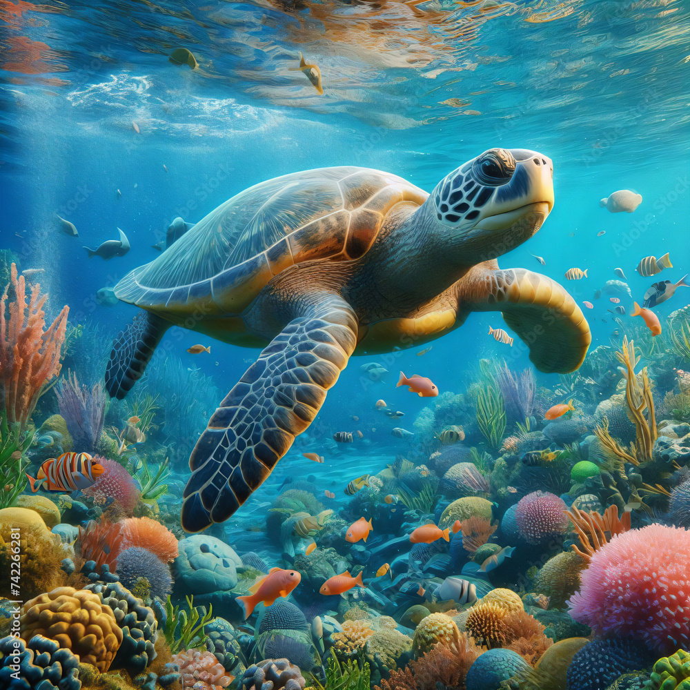 Fototapeta premium Green turtle swimming underwater in the sea generated with Ai 