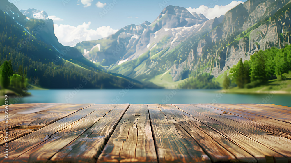 The serene landscape of a calm lake with lush greenery viewed from an old wooden deck, perfect for relaxation and reflection.
 - obrazy, fototapety, plakaty 