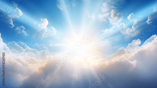 Holy spirit long banner Blue sky with the rays of the sun coming out of a white cloud  photo