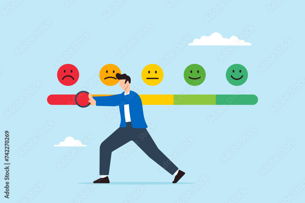 Man trying to push customer feedback bar to dissatisfaction level Man trying to push customer feedback bar to dissatisfaction level
