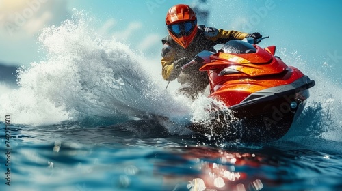 Man riding a jet ski on a sunny summer day in the open sea and drive through the waves quickly wear a life jacket for safety. Extreme sport concept photo