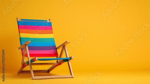 a single rainbow beach chair stands out against a clean  bright yellow background  evoking a sense of tranquility and solitude