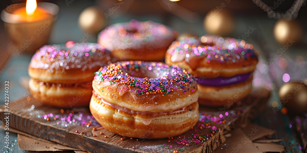 Variety of donuts with sprinkles, multicolored  collection, homemade baking, cake, pastry soft and fluffy on the inside, slightly crispy exterior festive celebration blur background   
