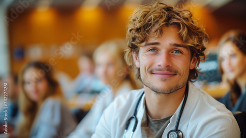 Doctor, Portrait of a smiling young doctor on seminar board room or during an educational class. photo