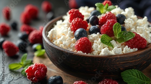 Bowl of Cottage Cheese With Berries and Mint