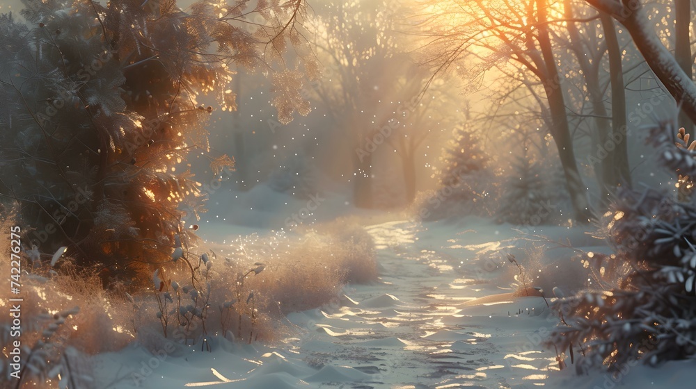 Fototapeta premium Serene winter wonderland: snowy path surrounded by trees at sunset. calm and peaceful scenery. ideal for holiday backdrops. AI