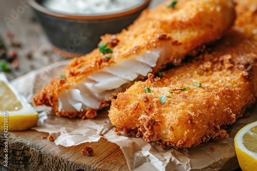 Breaded and fried fish fingers served with remoulade sauce and lemon photo