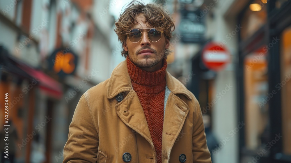 Fototapeta premium Man in Trench Coat Walking Down Street