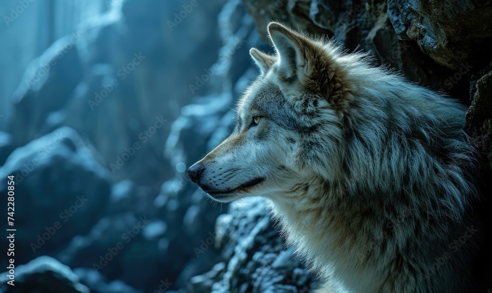 Fototapeta premium A wolf is sitting on a rock in the dark. Generative AI.