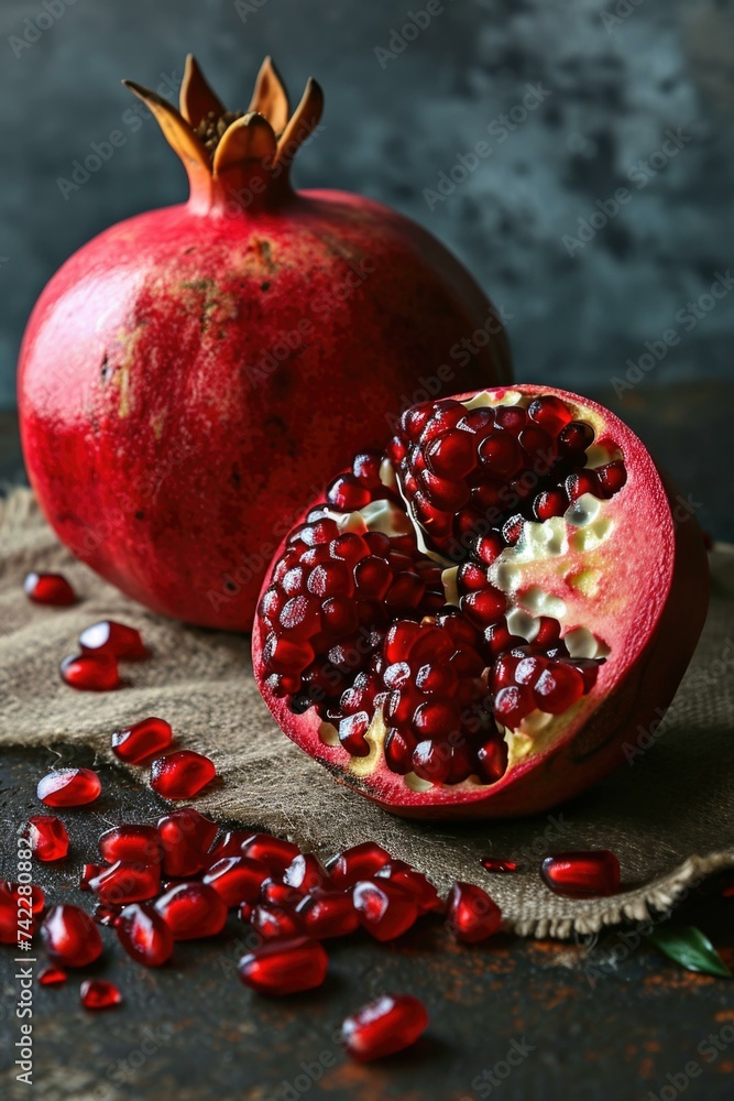 A pomegranate is cut in half and sitting on a cloth. Generative AI. A pomegranate is cut in half and sitting on a cloth. Generative AI.