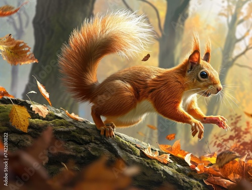 A squirrel is running through the forest in the fall. Generative AI. © serg3d