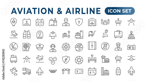 Plane icon collection. Airplane vector. Flight transport symbol. Travel concept.Set of Vector Line icon. It contains symbols of aircraft, Credit Cards, Wallets, Dollars, Money globe. Outline icon set.