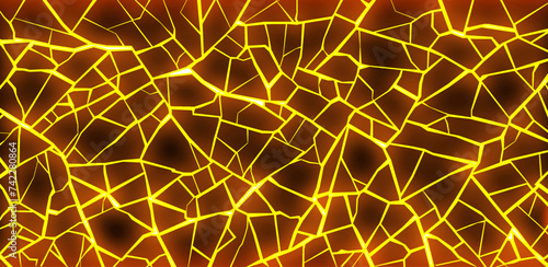 Vector yellow cracks on a dark orange glowing background. Fire rifts. Broken rind into many small pieces.