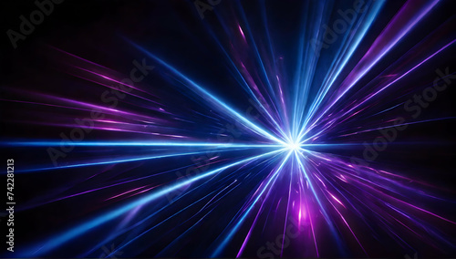 Blue and violet beams of bright laser light shining on black background. Background illustration © EPDICAY