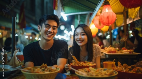 Portrait of a young happy smiling Asian couple eating Thai street food at the market. Travel, Lifestyle, Delicious national food concepts.