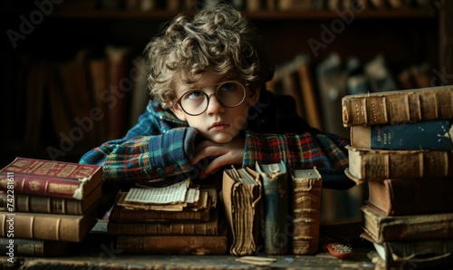 A young boy with glasses sitting at a table with books. Generative AI.