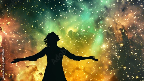 cosmic metahuman goddess spirit silhouette against a background of galaxies, vibrant new spiritua photo