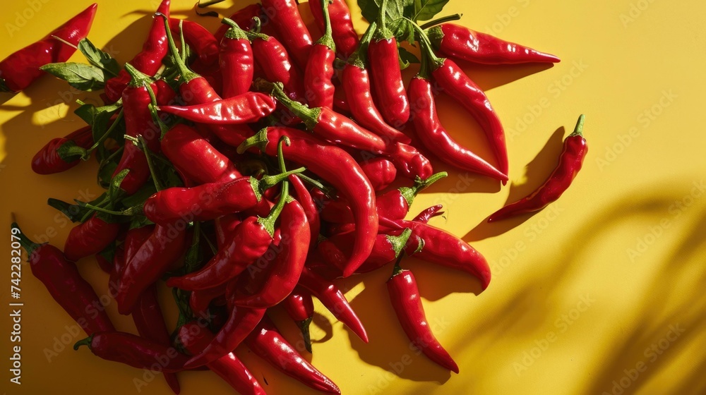 A pile of red hot peppers on a yellow background. Generative AI. A pile of red hot peppers on a yellow background. Generative AI.