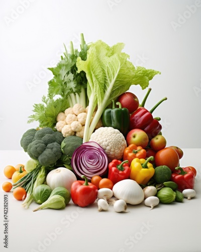 Fototapeta Naklejka Na Ścianę i Meble -  A pile of vegetables and fruits on a white surface. Generative AI.