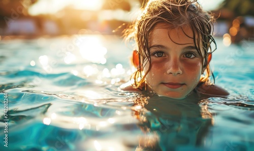 A young girl is swimming in a pool. Generative AI.