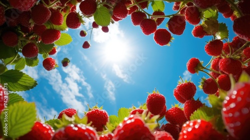 Raspberry fruit on the blue sky background. Generative AI.